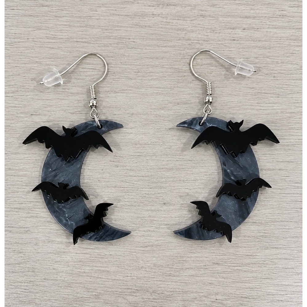 Grey Marbled Acrylic Crescent Moon and Black Bat Dangle Earrings 2 Inch